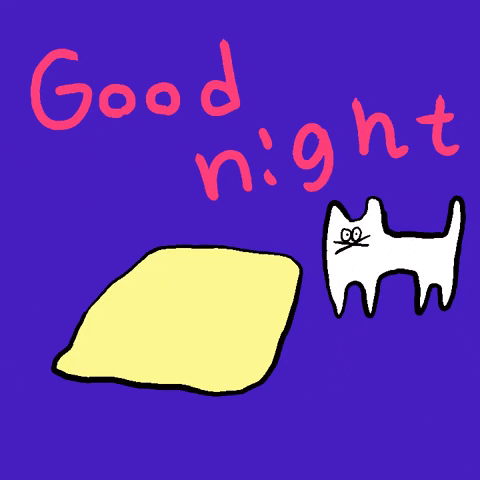 Kawaii gif. A sleepy white cat dives under a blanket. Text, “good night.”