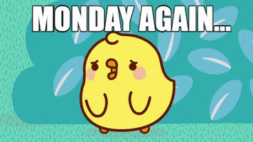 Kawaii gif. A round, yellow chick with small beads of tears in its eyes stands in front of a green bush. It brings its hands together in sadness. Text, "Monday again..."