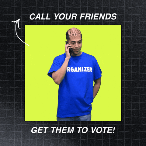 Digital art gif. Video of young man wearing a t-shirt that reads "organizer" talking on a cell phone, many hands pop in all around him, waving smartphones atop a graphic pattern, doodles all around to emphasize. Text, "Call your friends, get them to vote!"