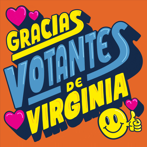 Digital art gif. Yellow and steel blue 3D bubble letters bob in and out on a pumpkin orange background, surrounded by hot pink hearts and a smiley face giving a thumbs up. Text, "Gracias votantes de Virginia."