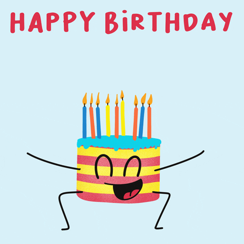 Digital art gif. A cake with a grinning face and candles has arms and legs and it bounces up and down below text that reads, "Happy Birthday!"