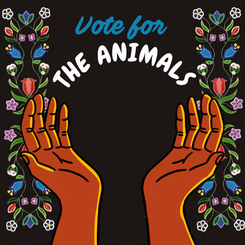 Illustrated gif. Brown hands stretched upward on a black background, cradling a wave, a tree, a bison, the Earth, all framed by Ojibwe floral vines. Text, "Vote for the waters, the land, the animals, the Earth."