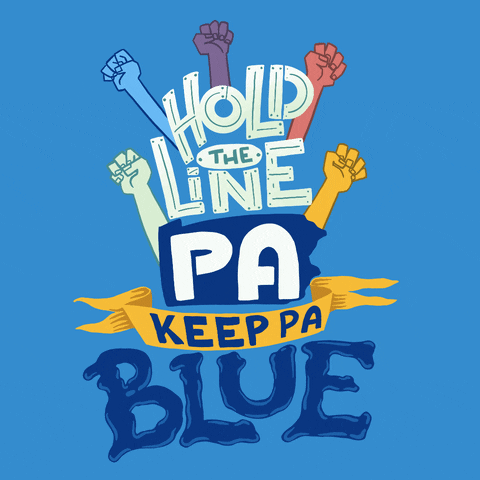 Digital art gif. Colorful fists of solidarity all around a precarious tower of graphic letters atop the state of Pennsylvania atop a golden banner atop oozing watery letters against a denim blue background. Text, "Hold the line, Pennsylvania, Keep Pennsylvania blue."