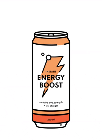 Digital art gif. A drawing of an energy drink popping open, with bubbles and hearts fizzing out of the top of the can. The can reads, “Instant energy boost. Contains love, strength, plus lots of sugar. 250 ml.”