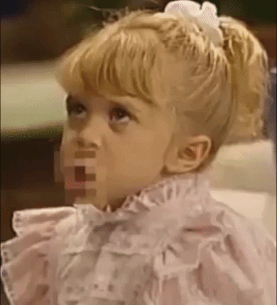 TV gif. Mary Kate or Ashley Olsen as Michelle in Full House furrows her brow as she speaks with her mouth censored. A series of grawlix representing curse words pop up around her.