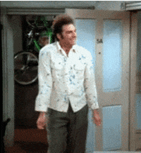 Seinfeld gif. Michael Richards as Kramer expresses his disgust in what is very nearly a dance. He backs away, raises his shoulders, and makes wiping motions across his shirt as he leaves Jerry's apartment.