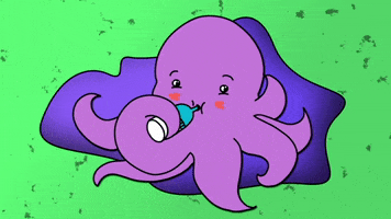 Music video gif. From the animated video for Alex the Astronaut's Octopus, a cute purple octopus grips and suckles a bottle while its other tentacles tap and twitch.