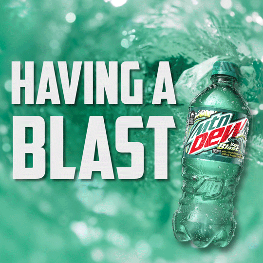 Sponsored gif. A Mountain Dew Baja Blast soda bottle sits on the right of the text, "Having a Blast." The background is a swirling teal whirlpool of Baja Blast.