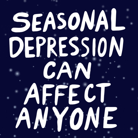 Text gif. Soft type on a night sky of starry snowflakes. Text, "Seasonal depression can be treated," then "Seasonal depression can affect anyone."