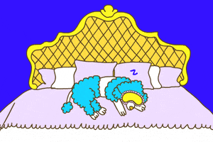 Digital art gif. Light blue poodle sleeps on an elegant bed wearing a yellow sleeping mask.