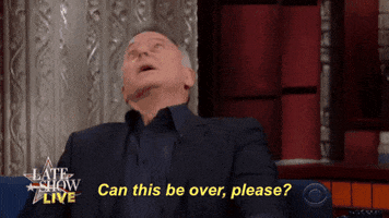 Late Show gif. Paul Reiser shakes his head crazily before dropping his head to his chin and begging, "Can this be over PLEASE?"