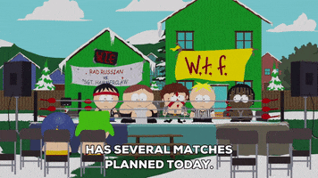South Park gif. Boys line up in a wrestling ring as Eric says, "Has several matches today. All right, so here's how we'll so this, guys."