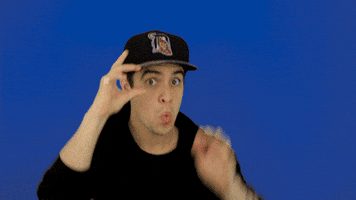 Celebrity gif. Brendon Urie takes off his hat in an exaggerated manner and pretends to pull out his hand holding up the middle finger from the hat. He looks up at us with a big sarcastic smile.