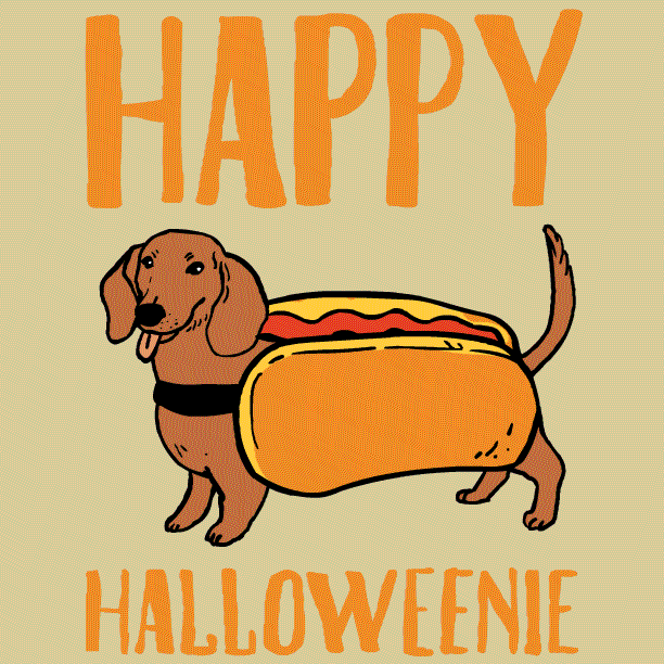 Illustrated gif. Dachshund is dressed as a hotdog and it sticks its tongue out. Text, "Happy Halloweenie!"
