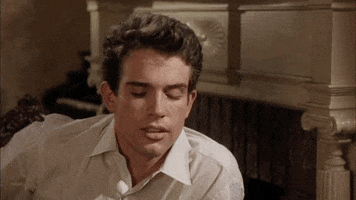 Movie gif. Warren Beatty as Bud Stamper in Splendor in the Grass sits down next to a fireplace. He looks down, blinking fast as if hearing something shocking, and raises his eyebrows as if responding to what he just heard without words.