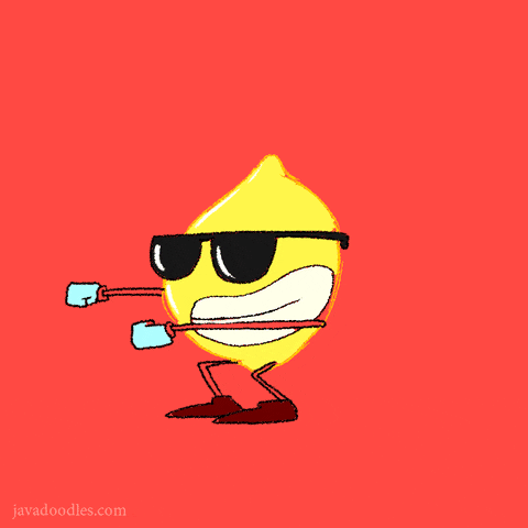 Digital art gif. A lemon wears sunglasses and pumps his hands out in front of him. He dances as the background changes colors. 