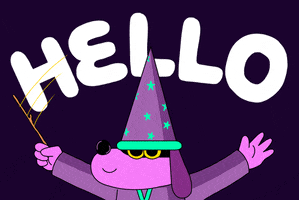 Cartoon gif. Purple dog character wears a starry wizard hat and holds a wand, waving his arms up and down. Text above him reads, "Hello."