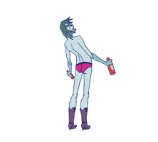 Illustrated gif. Angular man in magenta briefs holds a liquor bottle in each hand as he lurches in circles, then kneels and dumps the contents of the bottles into this mouth.