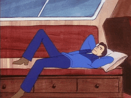 Cartoon gif. Hanna-Barbera's Devlin lays back on a couch, one knee up, arms behind his head, thoughtfully staring into space.