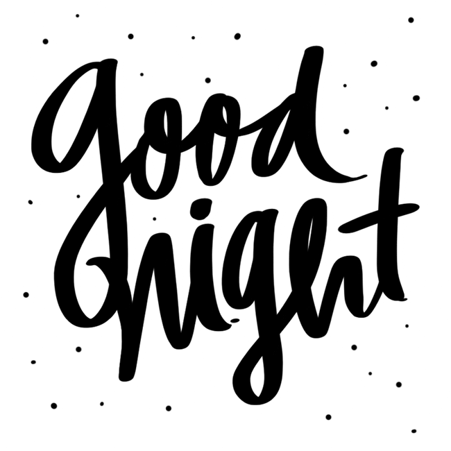 Text gif. Small black dots bobble over a white background. Thick black script shifts and reads, "good night."