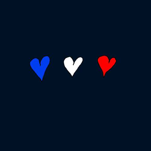 Digital art gif. A blue, white and red heart come together to form a crying eye. 