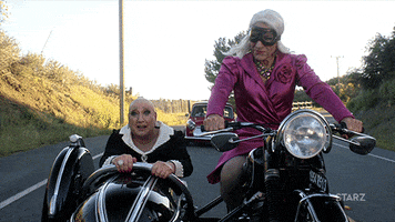 TV gif. Patrick Stewart as Walter Blunt and Adrian Scarborough as Harry Chandler in Blunt Talk high five and shake their hands while riding in a motorcycle wearing drag clothing.
