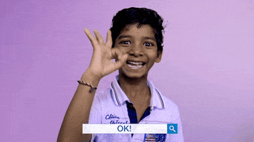 Celebrity gif. Sunny Pawar grins happily and flashes an "Okay" hand symbol at us. Text in a search bar reads "ok!"