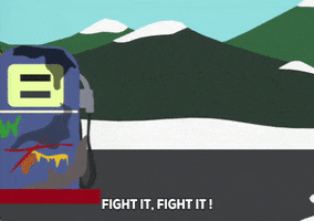 South Park gif. Woman steps out from behind a gas pump, looking scared as she says, “Fight it! Fight it! Oh god, god.” She walks toward us, shifting her eyes back and forth and says, “Please just let us get out of this place.”