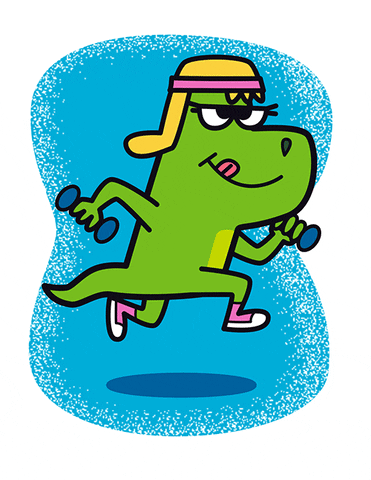 Illustrated gif. Little green dinosaur is holding weights as she jogs with her tongue out, looking determined.