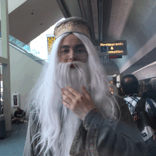 Video gif. Attendee strokes the beard of a Dumbledore cosplay, as if thinking, at San Diego Comic Con 2016.