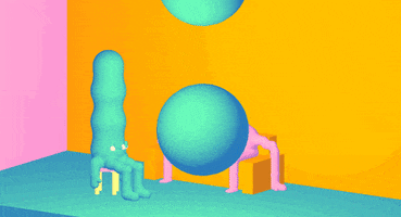 Digital art gif. Inside a colorful room, a blue blob person and a pink blob person sit on chairs as squishy blue balls smush onto the ground in front of them.