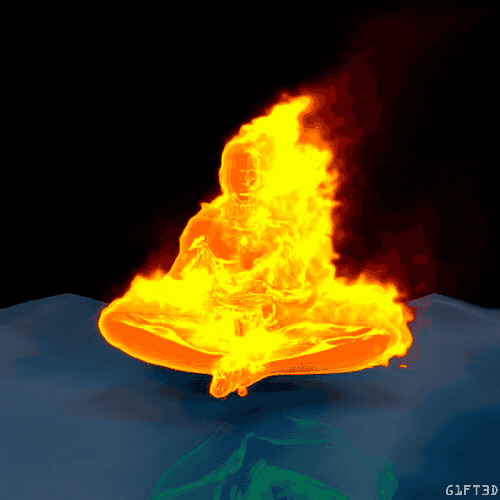 Cartoon gif. A computer generated monk completely engulfed in flames calmly sits cross-legged and floats above a water's surface that dimly reflects him. 