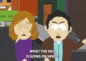 South Park gif. Looking scared, Mark and Linda Cotner stand in a trashed street. Mark growls, “What the hell is going on here?!”