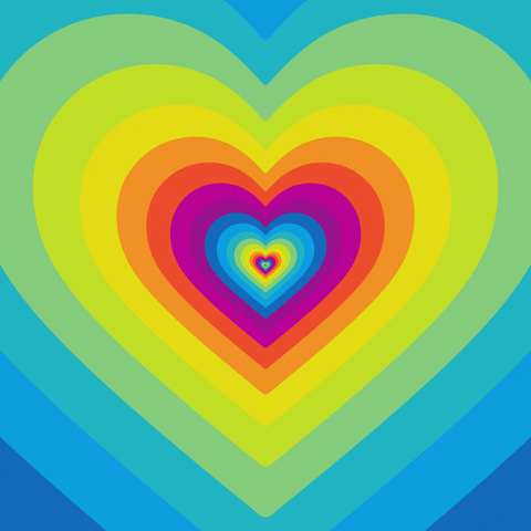 Digital art gif. A neon heart pulses and beams as it changes colors and grows, almost like going down a heart tunnel. 