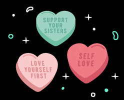 Digital art gif. Three pink and green Valentine's hearts have text that reads, "Support your sisters," "Self love," and "Love yourself first" on a black background with sparkles.