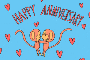 Text gif. Against a light blue background, two cartoon monkeys embrace, their tails coming together to form a heart. They are surrounded by pink cartoon hearts and text that says "Happy anniversary."