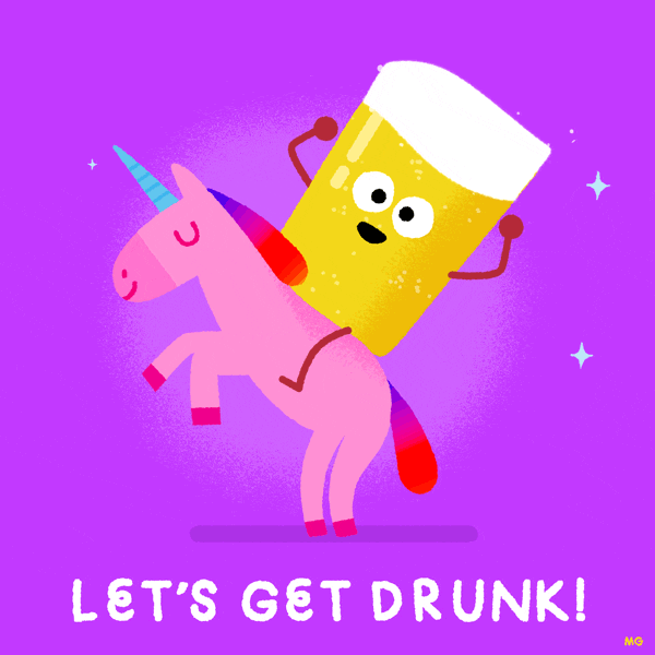 Fialová pohyblivá animace s tancujícím jednorožcem, na němž sedí sklenice piva s obličejem a nápisem "Let´s get drunk!"