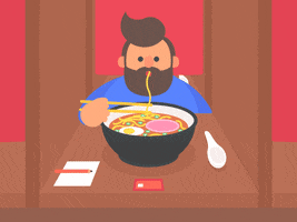 Cartoon gif. A man uses chopsticks to eat ramen from a large bull inside of a booth. We pull back from him as he eats. A red curtain comes down and then he comes back into frame exactly the same way in a never ending loop. 