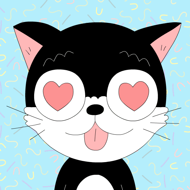 Illustrated gif. Black and white cat looks at us with its tongue stuck out and its heart-shaped eyes pulsing at the same rate.
