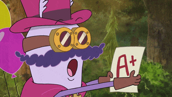 Cartoon gif. Moff from Harvey Beaks. A four-legged purple moth with a mustache and goggles holds up a piece of paper with a large red A plus in his gloved hands. His expression changed from shock to a smile as he turns to the camera and gives an excited thumbs up.