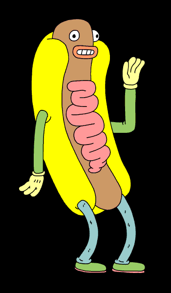 Illustrated gif. Humanoid hotdog with arms and legs smiles awkwardly and waves hello with his hand.