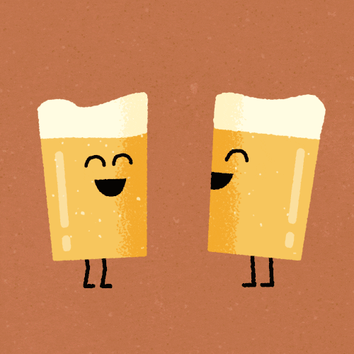Animovaný pohyblivý obrázek se dvěma smějícími se pivy s nožkami a obličeji, které do sebe narážejí čely.
