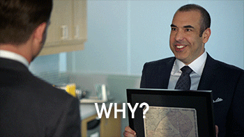 TV gif. Rick Hoffman as Louis Litt in Suits drops his excitement and naively asks "why?"