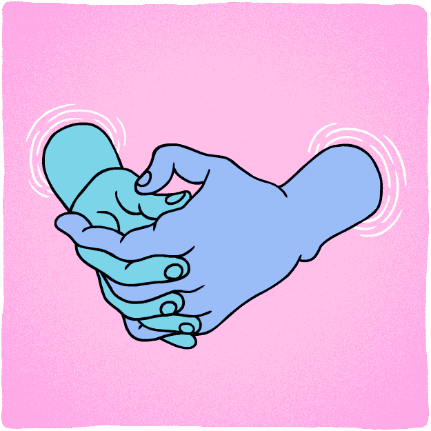 Illustrated gif. Blue and green folded hands on a pink background, twiddling thumbs.