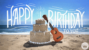 Text gif. A three-tiered birthday cake sand sculpture with seashell decorations is topped with an animated line representing a sparkler. Waves glitter in the sun and lap the beach in the background. Text, "Happy Birthday to you." Text pulsates with sparkler animation.