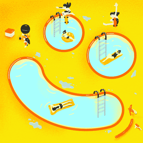 Digital art gif. Next to a BBQ and cooler, three skateboarding women jump out of three pools in the shape of a smiley face. The pools fill with water, revealing a woman in each pool lounging on an inflatable. The water recedes, and the skateboarders disappear, then reappear again on the opposite end of each pool as the pools once again fill with water. The water recedes again in an infinite loop.