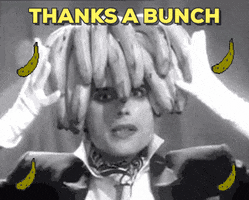 Digital art gif. A man wears white gloves and bananas on his head. He moves his gloved hands down along the side of his face as animated bananas spin around him. Text, "Thanks a bunch."