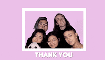 Video gif. The Group No Vacation looks at us, smiling, and they say, “Thank you!”