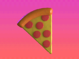 Digital art gif. Pepperoni pizza floats against a pink background, spinning in a continuous loop.