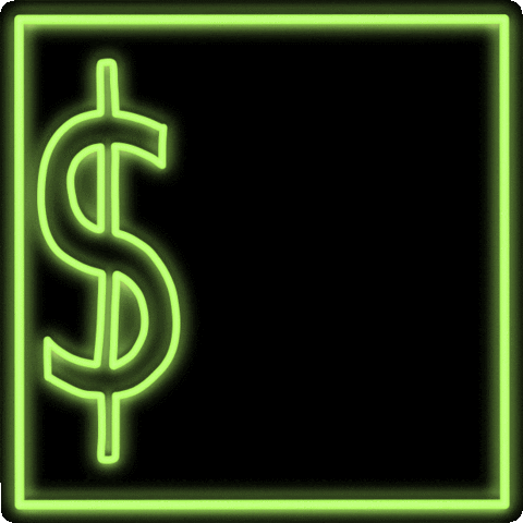 Illustrated gif. Three glowing green dollar signs pop up one by one and then blink together several times, framed by a glowing square border,